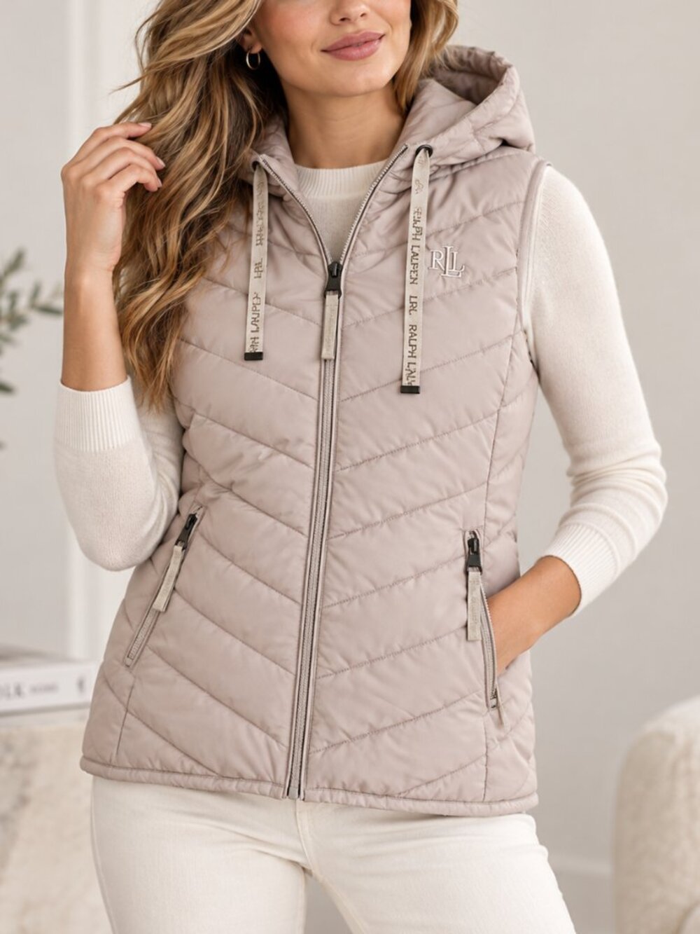 Lauren Ralph Lauren Hooded Puffer Vest Women’s M Beige Birch Quilted $150 Retail